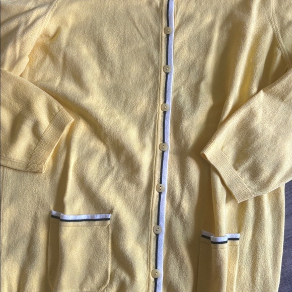 Talbots Cardigan Sweater Yellow Cotton Rayon Black White Trim - Picture 3 of 3